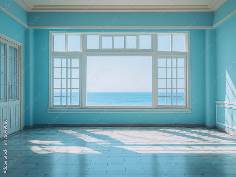 Fototapeta premium A large empty room with a large window overlooking the ocean
