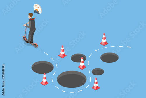 3D Isometric Flat Vector Illustration of Business Challenges, Entrepreneur On a Scooter Overcomes Obstacles To Reach Goal