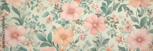 Whimsical floral swirly design on a vintage-inspired wallpaper with soft pastel colors and organic shapes,  flowers,  vintage