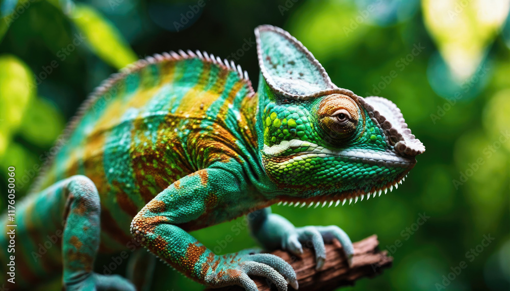 Colorful chameleon perched on a branch in a tropical forest during daylight hours Colorful chameleon perched on a branch in a tropical forest during daylight hours