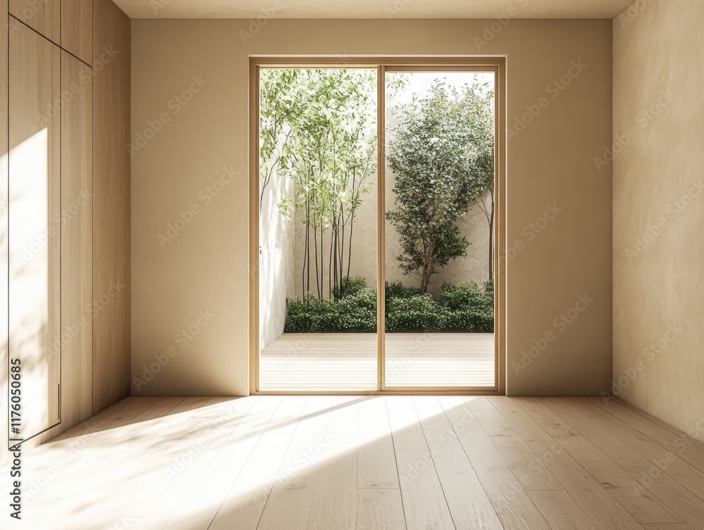 Obraz premium A room with a window and a tree outside