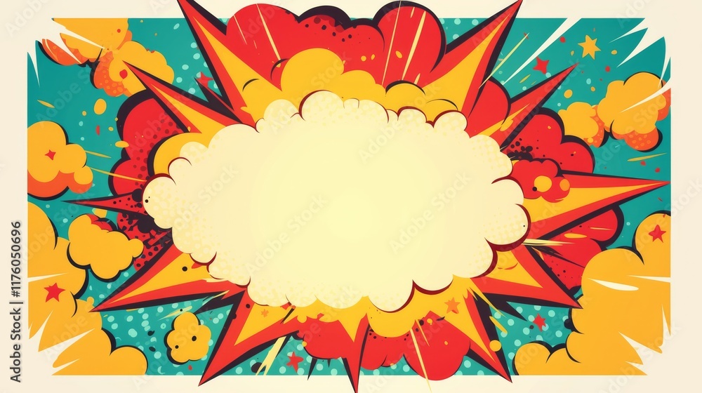 Fototapeta premium comic book-style speech bubble with red and blue dots, explosion pattern, and dynamic yellow and green colors.