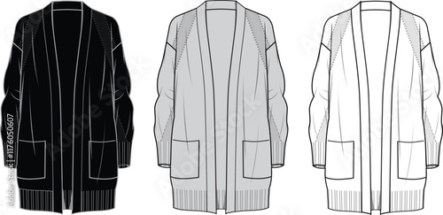 Women's Stitch Detail Cardigan. Technical fashion illustration. Front, white, black and grey color. Women's CAD mock-up.