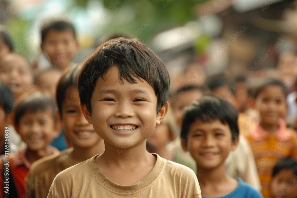 Little boy smiling in front of a group of children in the school Little boy smiling in front of a group of children in the school
