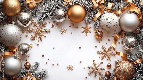 Christmas ornaments, gold and silver, festive, white background, holiday decor, festive decorations,  for use in greeting cards, posters, or invitations