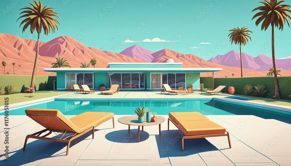 Fototapeta premium Modern desert villa with pool and palm trees under a clear blue sky in a serene landscape setting