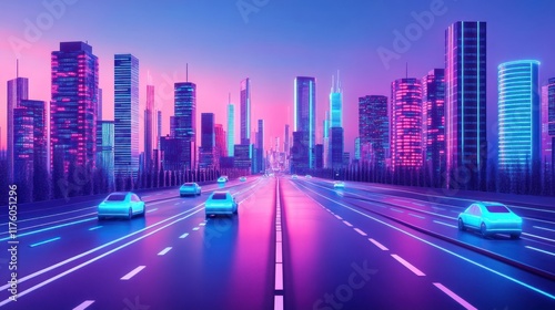 Futuristic transportation system with autonomous vehicles navigating a high-tech city grid 