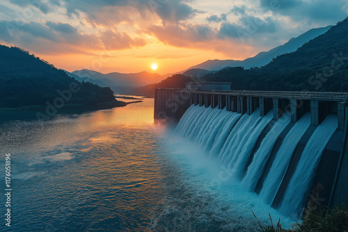 A water dam with water flowing over the dam at sunset, showcasing the power and energy generation for sustainable development in a river valley.