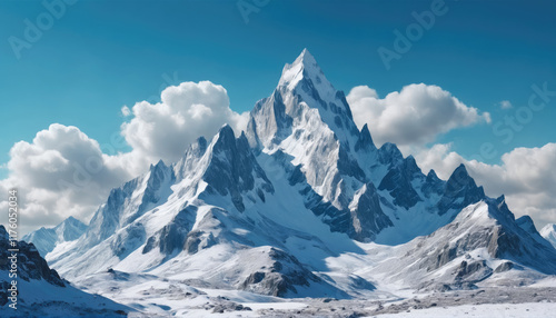 Wallpaper Mural Majestic snow-covered mountain peak under a bright blue sky with fluffy clouds in the distance Torontodigital.ca
