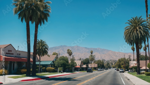 Palm trees line a sunny street with mountains in the background during midday in a suburban area