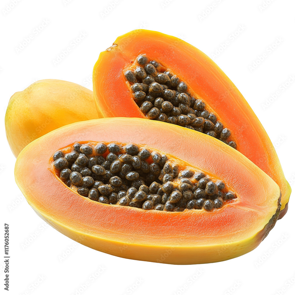 Freshly sliced papaya showing vibrant orange flesh and black seeds against a simple transparent background, papaya fruit with seeds on transparent background Freshly sliced papaya showing vibrant orange flesh and black seeds against a simple transparent background, papaya fruit with seeds on transparent background