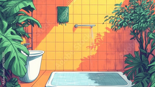 A sunlit bathroom interior adorned with lush green plants, vibrant orange and yellow tiles, emphasizing a refreshing and natural atmosphere, promoting relaxation and tranquility. photo