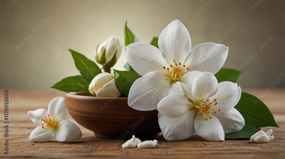 White jasmine blossoms in a wooden bowl on a rustic table. White jasmine blossoms in a wooden bowl on a rustic table.