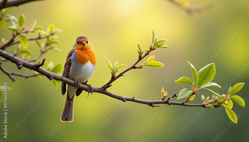Robin bird perched on branch against blurred green background Robin bird perched on branch against blurred green background