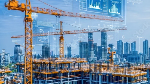 Wallpaper Mural Construction site featuring modular prefab units being assembled by robotic cranes, blueprints floating on digital screens, modern city skyline  Torontodigital.ca