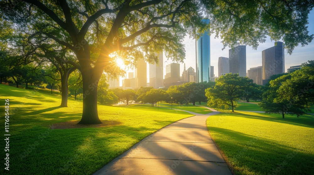 Obraz premium Scenic Park in Texas with Shaded Walking Paths, Tall Trees, Bright Green Grass, Texas Sunset, and Contemporary City Buildings in the Distance