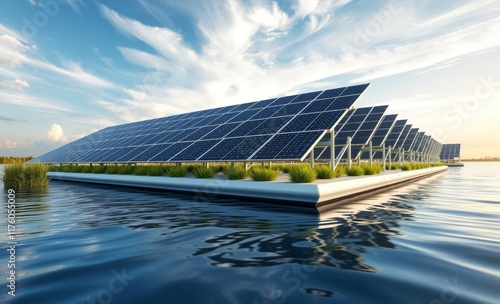 Solar panels, floating solar farm, reflective water surface, blue sky with wispy clouds, renewable energy, futuristic technology, eco-friendly power generation, large-scale installation, sunlight, cle