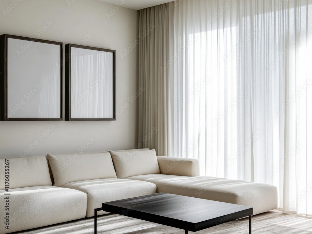 A white couch is in a living room with a black coffee table A white couch is in a living room with a black coffee table