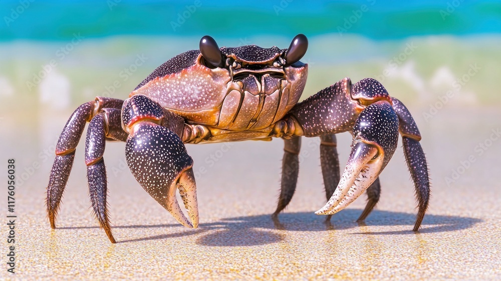A detailed image of a crab on a sandy beach with ocean background. A detailed image of a crab on a sandy beach with ocean background.