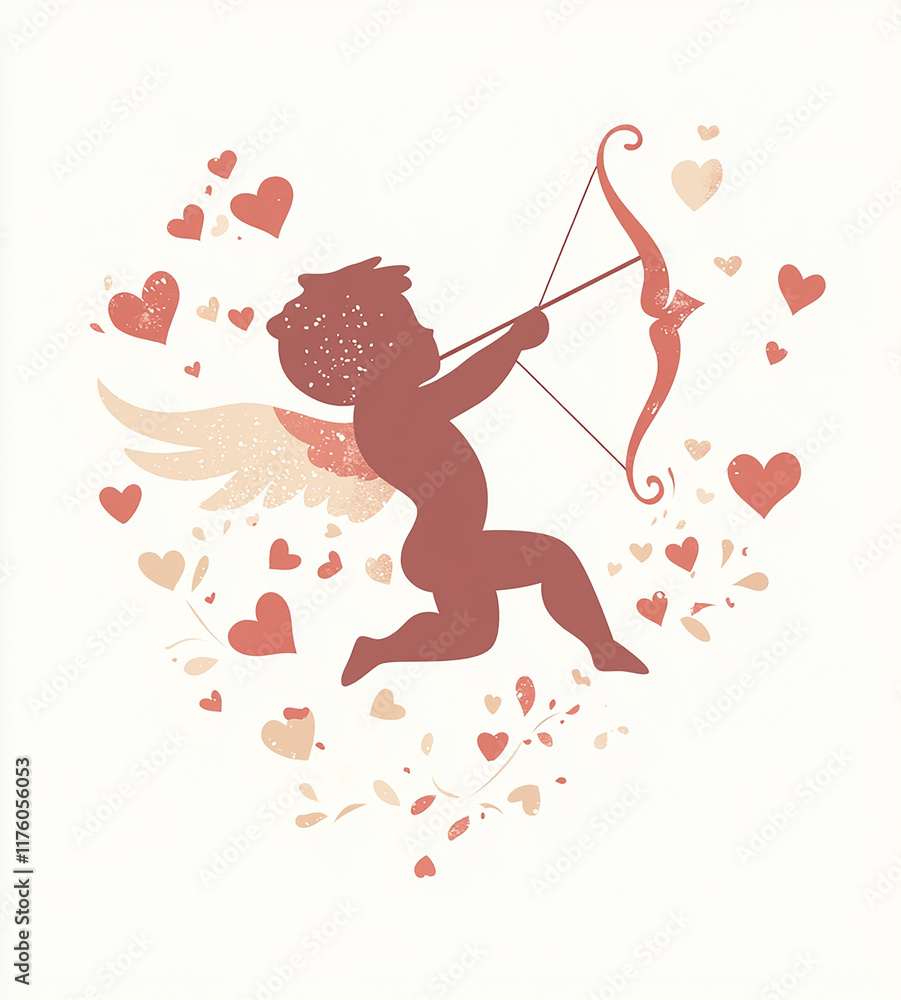Fototapeta premium Silhouette of Cupid shooting an arrow with hearts flying out of him on a white background in red and beige colors.