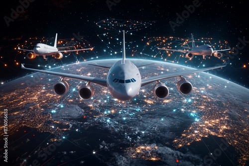 Airplanes flying over Earth with a network of connections and lights.