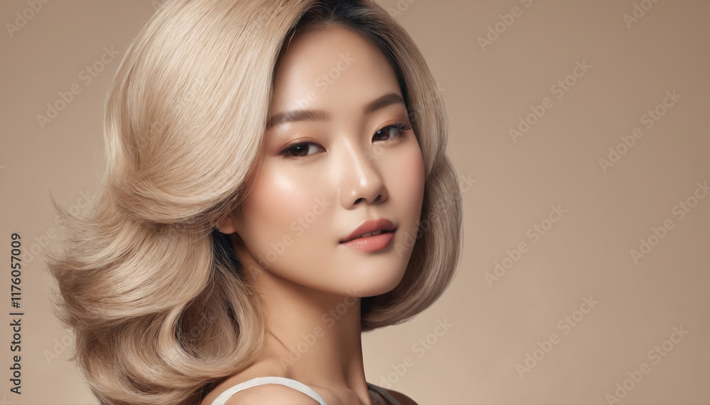 Naklejka premium Portrait of a woman with elegant styled hair and soft makeup against a neutral background highlighting her features