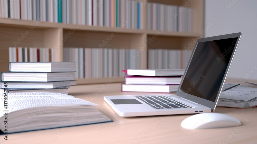 Workspace with books and a laptop on a wooden desk. Workspace with books and a laptop on a wooden desk.