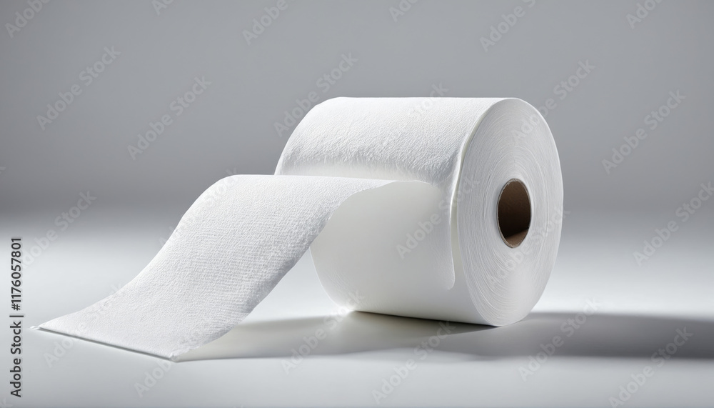 Roll of white paper towels placed on a light gray background, showcasing its texture and utility for cleaning tasks Roll of white paper towels placed on a light gray background, showcasing its texture and utility for cleaning tasks