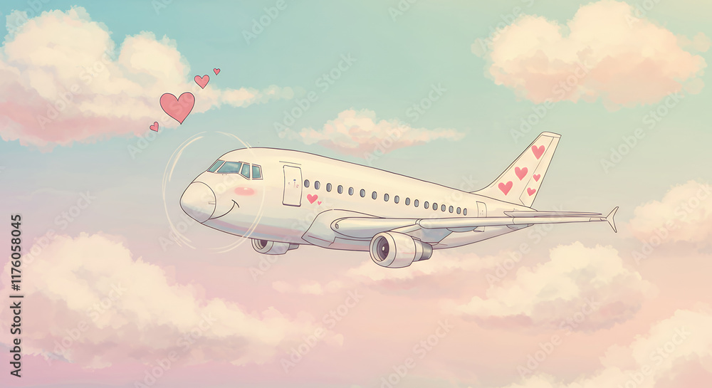 Fototapeta premium Adorable Airplane Flying Through Pink Sky with Hearts - Romantic Travel Illustration