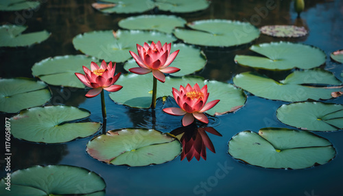 Beautiful pink water lilies bloom on a serene pond surrounded by green lily pads photo