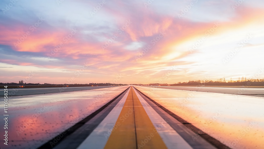 Fototapeta premium Dramatic View of Airport Runway with Beautiful Sunset and Orange Sky