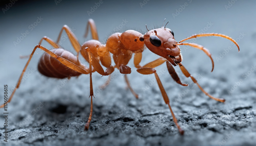 Close-up view of an orange ant navigating a textured surface in natural light Close-up view of an orange ant navigating a textured surface in natural light