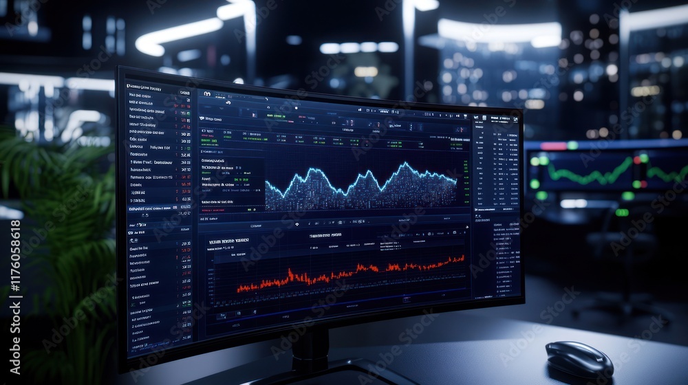 A modern trading setup displaying financial data and analytics. A modern trading setup displaying financial data and analytics.