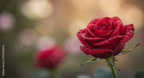 Dew-Kissed Red Rose in Soft Focus Garden Background