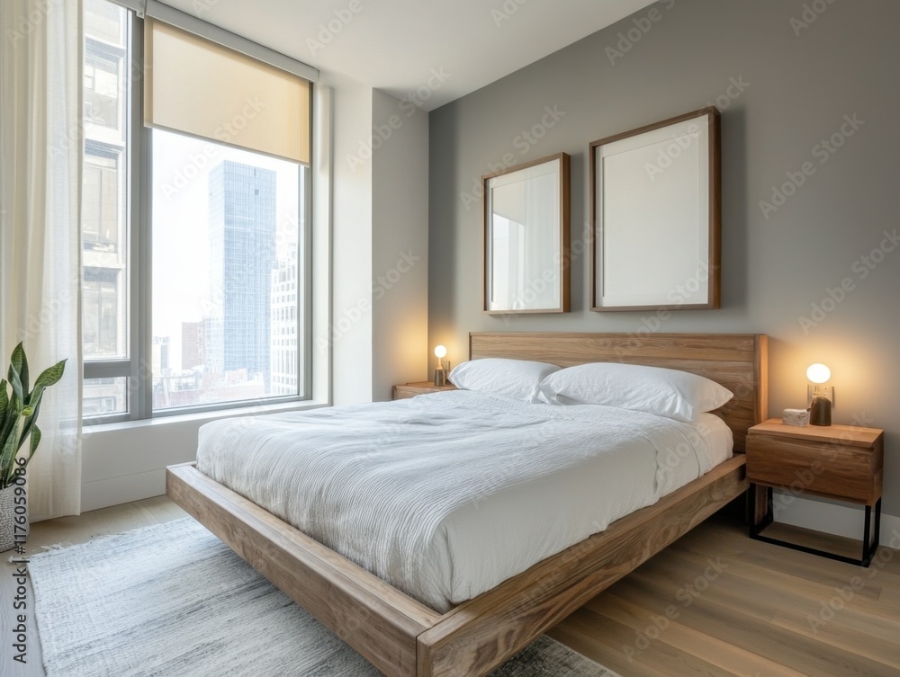 Fototapeta premium A large bed with a white sheet and a plant on the nightstand