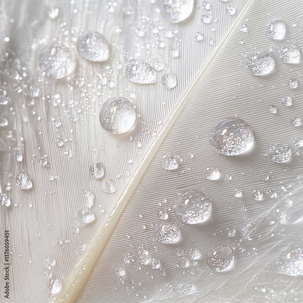 Fototapeta premium Serene Dewdrops on a White Feather: A Macro Photography Masterpiece