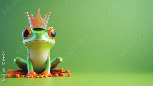 A vibrant green frog wearing a crown on pastel pink background, happy leap day, leap year concept  photo