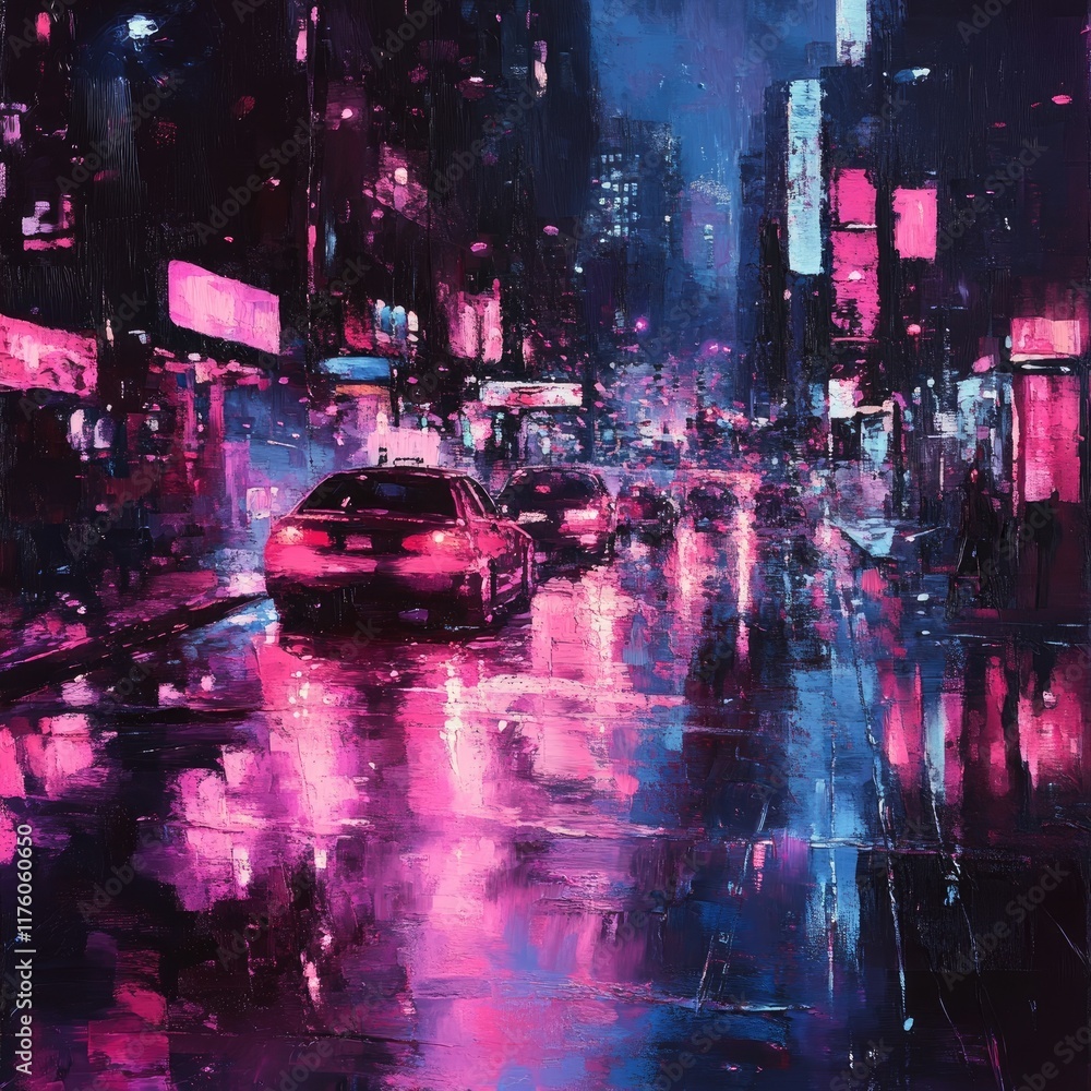 Obraz premium A painting of a city street with cars and a taxi cab