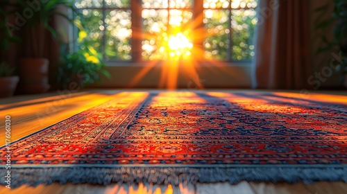 Sunset through window, carpet on floor, warm light, interior scene, home decor photo