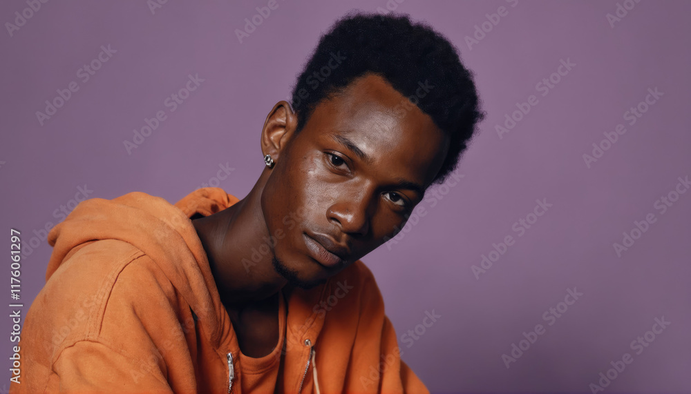 Obraz premium Portrait of a young man wearing an orange hoodie against a purple background showcasing calm expression and relaxed demeanor