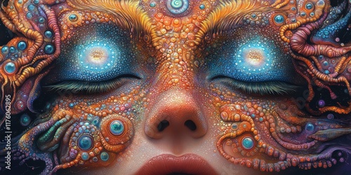 Wallpaper Mural Intricate and Vivid Abstract Representation of a Surreal Face with Closed Eyes and Complex Organic Patterns in Bright, Vibrant Colors Torontodigital.ca