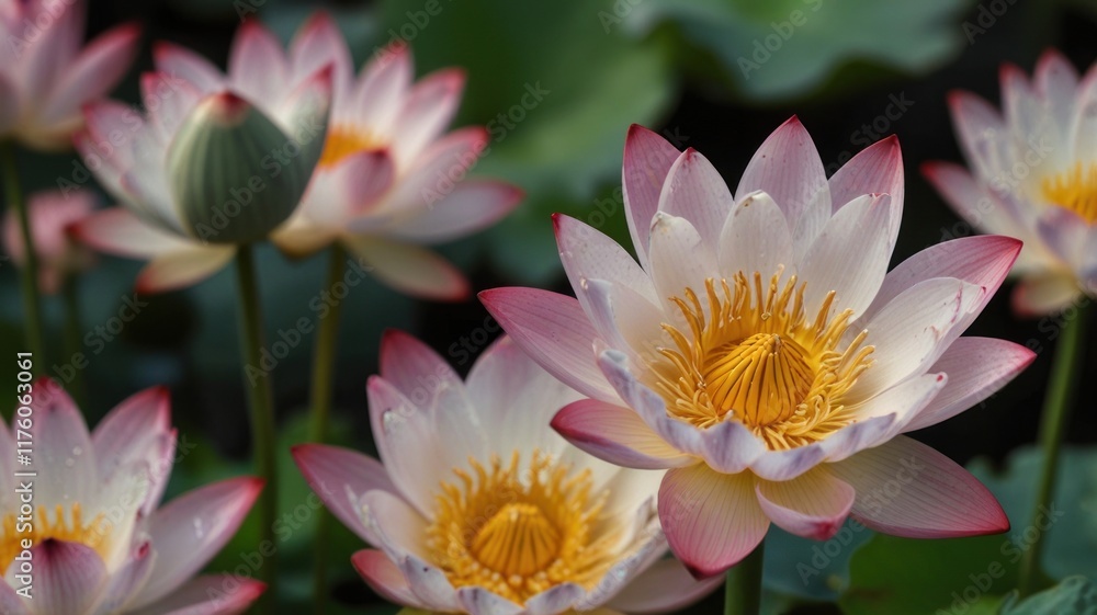 Close-up of several blooming pink and white lotus flowers in a pond. Close-up of several blooming pink and white lotus flowers in a pond.