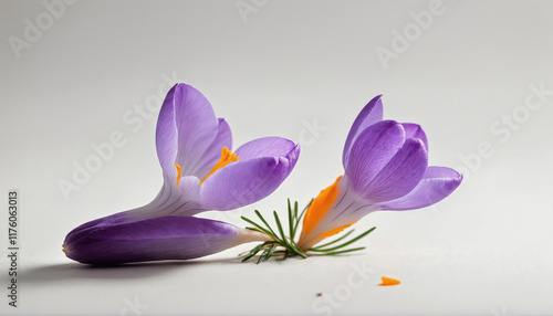 Purple crocuses bloom gracefully on a light background showcasing delicate petals and vibrant orange stamens