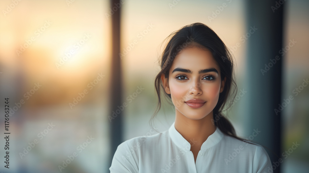 Confident Indian woman with glowing skin, standing indoors at sunset. Her expression reflects determination and poise, showcasing professional demeanor. Confident Indian woman with glowing skin, standing indoors at sunset. Her expression reflects determination and poise, showcasing professional demeanor.