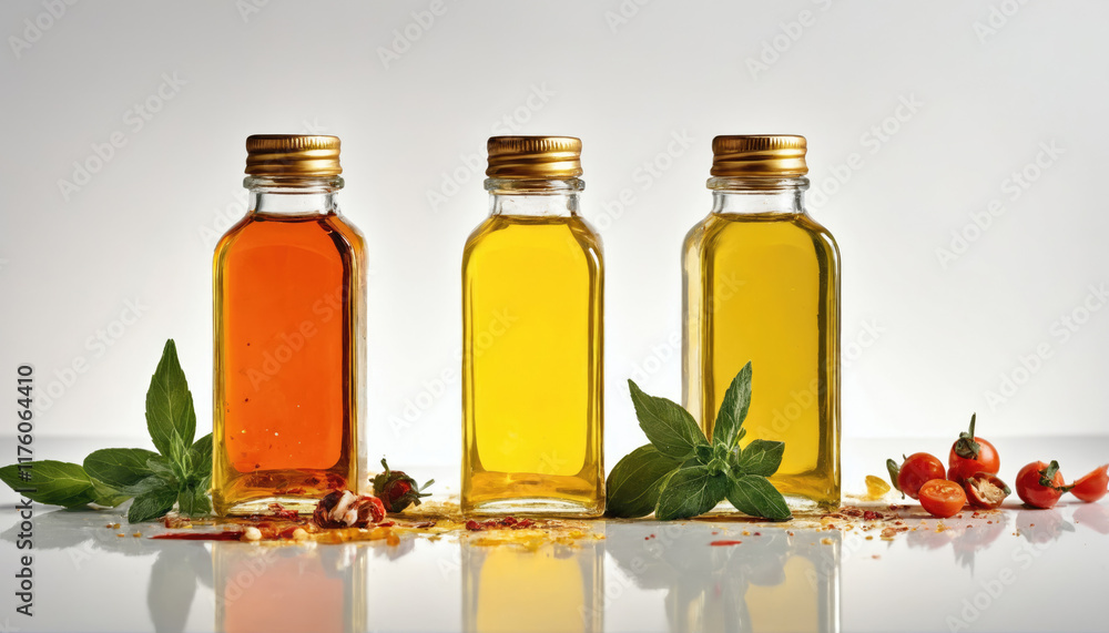Colorful selection of gourmet oils displayed with fresh herbs and spices on a reflective countertop Colorful selection of gourmet oils displayed with fresh herbs and spices on a reflective countertop