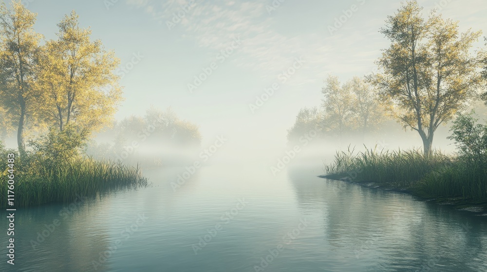 Serene Autumn River Mist Envelops Trees And Banks Serene Autumn River Mist Envelops Trees And Banks