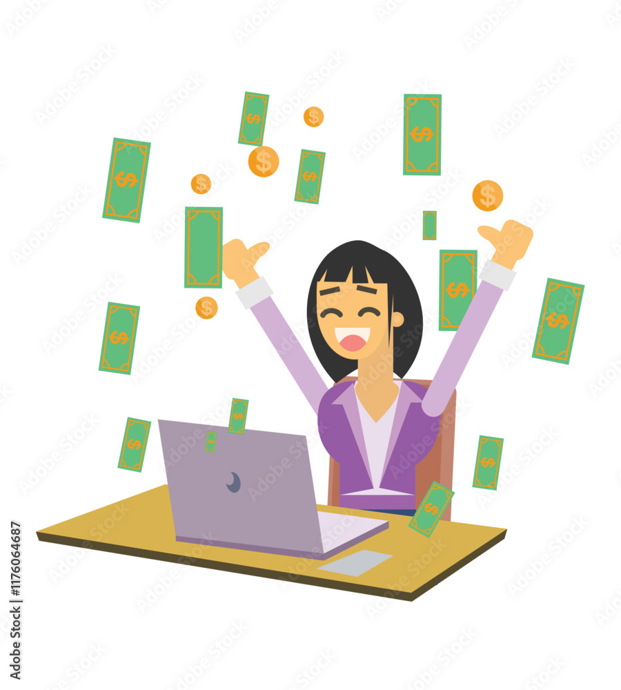 Vector illustration of a woman working on a laptop happily, with dollar money background, cute cartoon illustration Vector illustration of a woman working on a laptop happily, with dollar money background, cute cartoon illustration