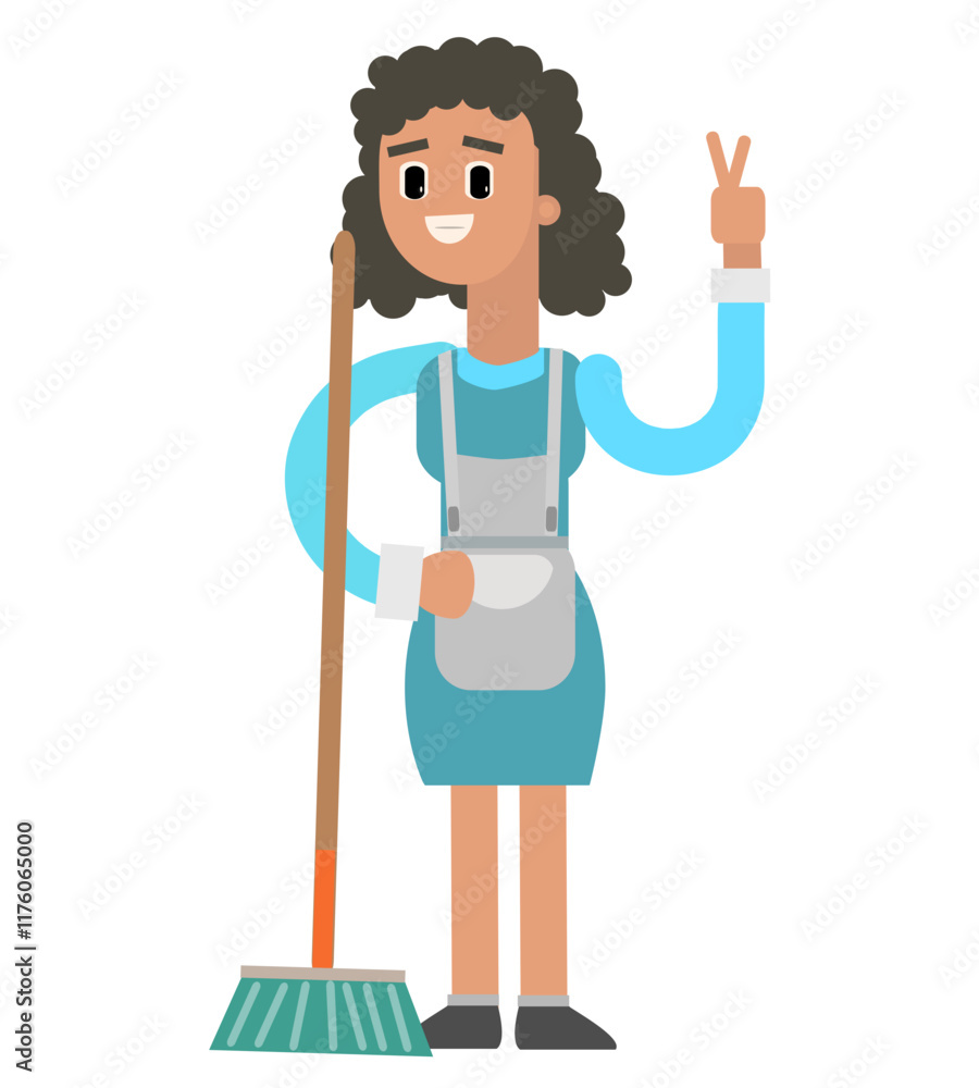 Vector illustration of cleaning lady raising 2 fingers and holding broom, cute cartoon illustration Vector illustration of cleaning lady raising 2 fingers and holding broom, cute cartoon illustration
