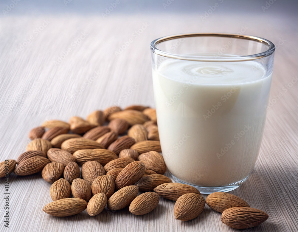 ein Glas Mandelmilch mit Mandeln daneben - leckere vegan Milchalternative ein Glas Mandelmilch mit Mandeln daneben - leckere vegan Milchalternative