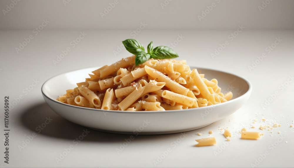 Freshly prepared pasta topped with basil and grated cheese served on a white plate Freshly prepared pasta topped with basil and grated cheese served on a white plate
